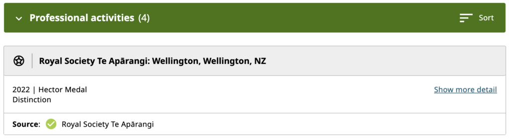 Screenshot of the ORCID recordholder showing where the prize has been added by Royal Society of Te Aparangi